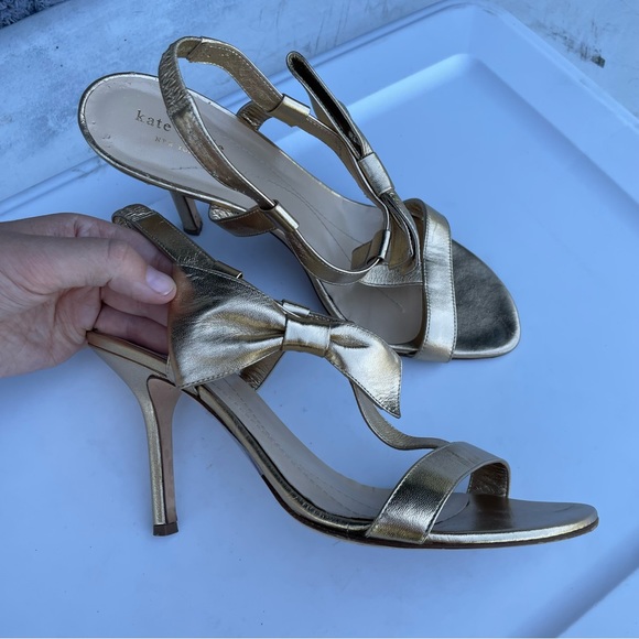 Kate spade gold leather heels size 10 shoes slingback size bow - Picture 2 of 9